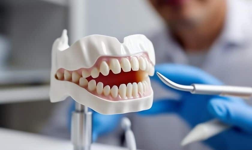 Dental model showing upper and lower teeth with gum tissue displayed by dentist in clinical setting.