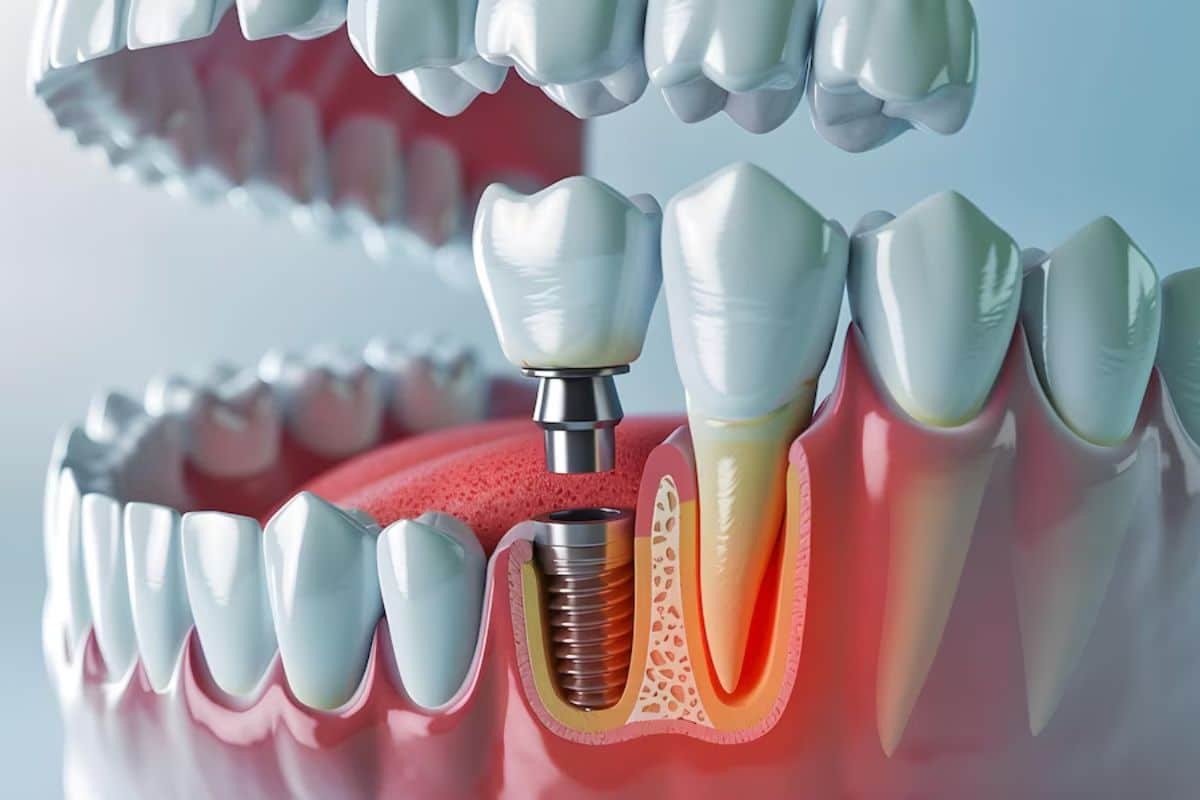 Dental implant diagram showing titanium post placement in jawbone for tooth replacement.